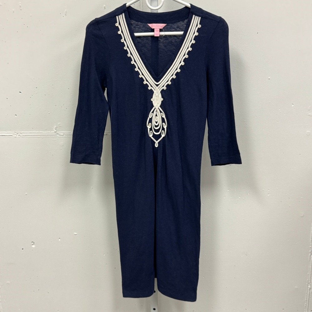 Lilly Pulitzer Tidewater Embroidered Tunic Dress Sm Navy 3/4 Sleeve Mini Jersey‎
